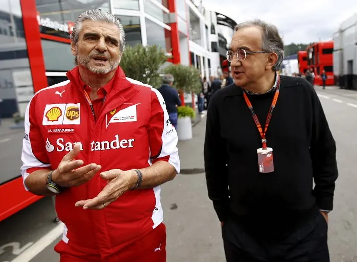 Ferrari Formula One team leader Maurizio Arrivabene (L) and Sergio Marchionne, CEO of Fiat Chrysler automobil arrive in the paddock before the start of the Austrian F1 Grand Prix at the Red Bull Ring circuit in Spielberg, Austria, June 21, 2015. REUTERS/Leonhard Foeger - RTX1HG4Q