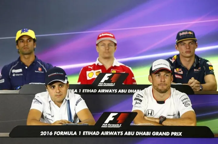 FIA hosted drivers' press conference ahead of the Abu Dhabi Grand Prix weekend, final round of 21 rounds of the the 2016 Formula 1 World Championship, at Yas Marina Circuit, featuring: Felipe Massa (Williams), Jenson Button, Max Verstappen (Red Bull Racing), Kimi Raikkonen (Ferrari) and Felipe Nasr (Sauber).