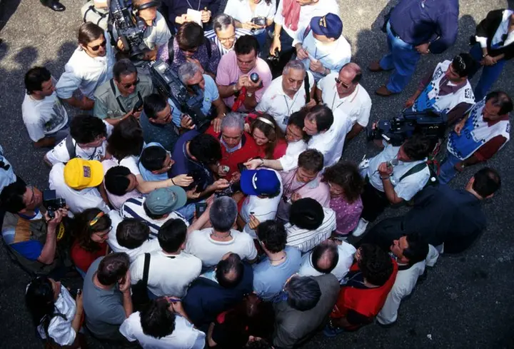 Ayrton Senna (BRA) Williams is swarmed by the media following the tragic events of the weekend thus far. Sadly the tragedy that befell him would outweigh the others. San Marino Grand Prix, Imola, 1 May 1994.