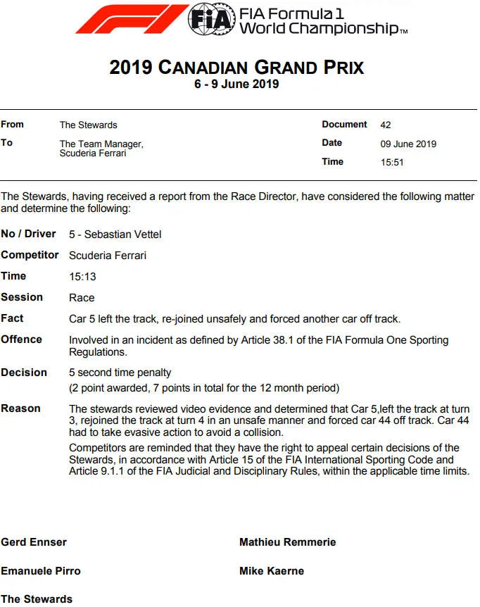 2019 canadian grand prix vettel penalty fia