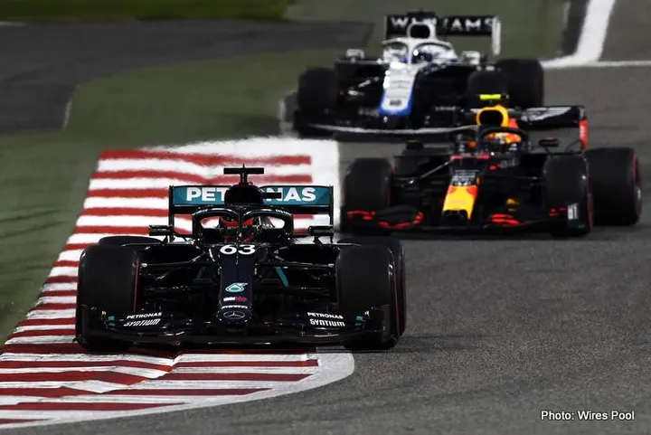 BAHRAIN, BAHRAIN - DECEMBER 04: George Russell of Great Britain driving the (63) Mercedes AMG Petronas F1 Team Mercedes W11 on track during practice ahead of the F1 Grand Prix of Sakhir at Bahrain International Circuit on December 04, 2020 in Bahrain, Bahrain. (Photo by Rudy Carezzevoli/Getty Images)