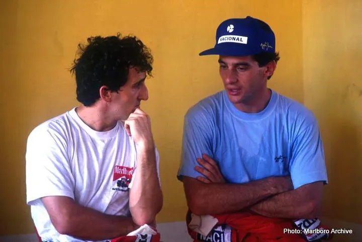 L-R: Alain Prost (FRA) and Ayrton Senna (BRA) discuss their turbulent relationship Brazilian Grand Prix - Rio, Brazil - 26 March 1989