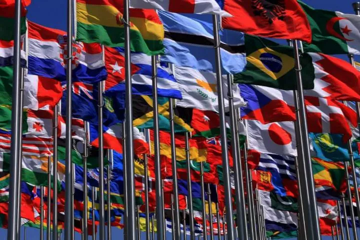 The national flags is flying around the world formula one races