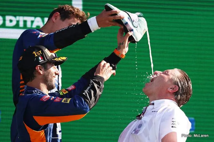 brown norris ricciardo shoey monza podium mclaren win