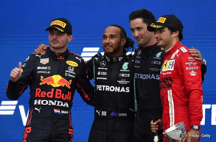 sochi podium hamilton verstappen sainz 2021 Russian Grand Prix top three