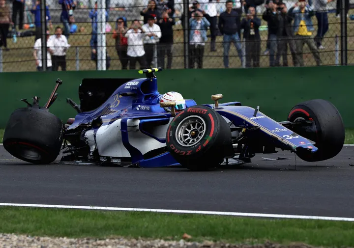Antonio Giovinazzi of Italy driving the (36) Sauber F1 Team Sauber C36 Ferrari sits in his car on track after crashing into a track barrier during qualifying for the Formula One Grand Prix of China at Shanghai International Circuit on April 8, 2017 in Shanghai, China. 