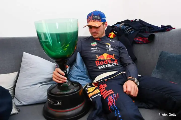 ZANDVOORT, NETHERLANDS - SEPTEMBER 05: Race winner Max Verstappen of Netherlands and Red Bull Racing poses for a photo with his trophy after the F1 Grand Prix of The Netherlands at Circuit Zandvoort on September 05, 2021 in Zandvoort, Netherlands. (Photo by Dan Mullan/Getty Images)