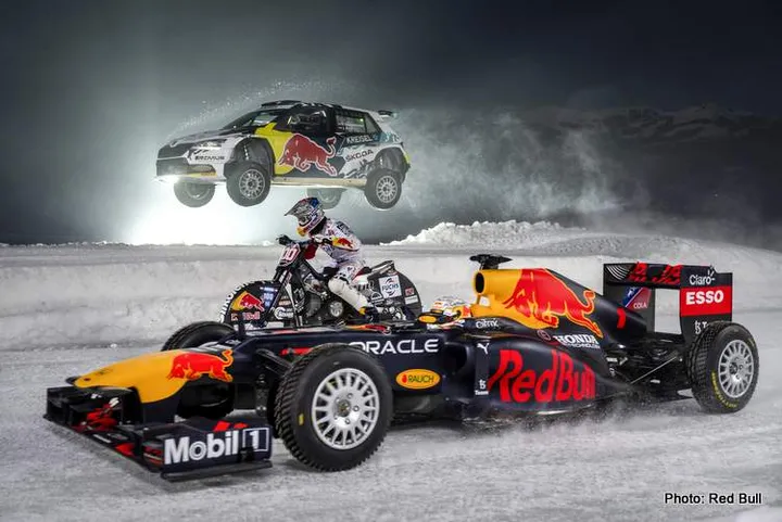 Max Verstappen of the Netherlands in the RB 8, Franz Zorn of Austria on an ice racing bike and Raimund Baumschlager of Austria in the Skoda Fabia EVO RE-1 perform during the GP Ice Race in Zell am See, Austria on January 24, 2022. // SI202202020317 // Usage for editorial use only //
