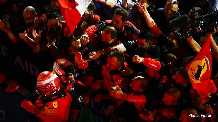 ferrari 2022 bahrain grand prix winners celebrate sainz leclerc