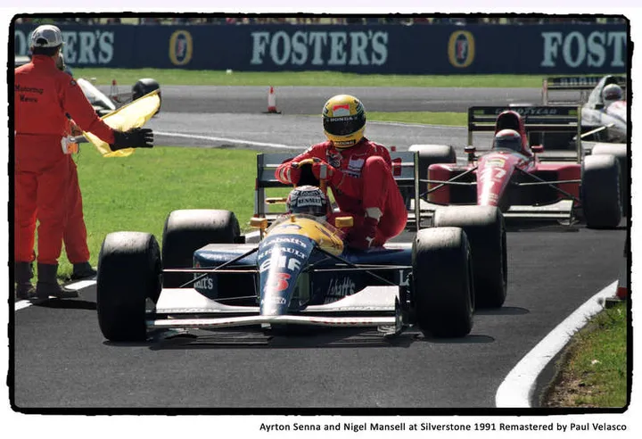 ayrton senna and nigel mansell at silverstone 1991 remastered by paul velasco