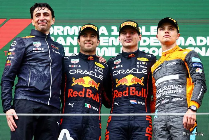 IMOLA, ITALY - APRIL 24: Race winner Max Verstappen of the Netherlands and Oracle Red Bull Racing (second from right), Second placed Sergio Perez of Mexico and Oracle Red Bull Racing (second from left) and Third placed Lando Norris of Great Britain and McLaren (R) celebrate on the podium during the F1 Grand Prix of Emilia Romagna at Autodromo Enzo e Dino Ferrari on April 24, 2022 in Imola, Italy. (Photo by Mark Thompson/Getty Images)