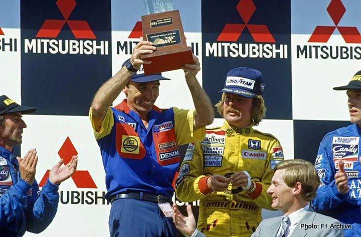 Adelaide, Australia, 1st position, - 3rd November 1985, RD16. Frank Williams and Keke Rosberg on the top step of the podium after securing a race victory. Portrait. Podium. Photo: LAT Photographic/Williams F1. Ref: 1985williams16