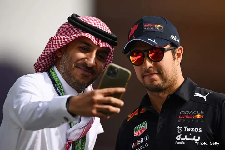 JEDDAH, SAUDI ARABIA - MARCH 27: Sergio Perez of Mexico and Oracle Red Bull Racing poses for a photo in the Paddock during the Grand Prix of Saudi Arabia at the Jeddah Corniche Circuit on March 27, 2022 in Jeddah, Saudi Arabia. (Photo by Clive Mason/Getty Images)