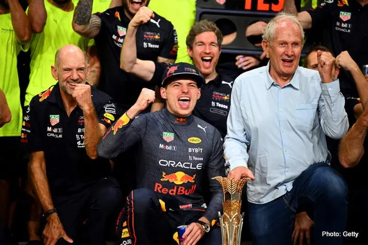 JEDDAH, SAUDI ARABIA - MARCH 27: Race winner Max Verstappen of the Netherlands and Oracle Red Bull Racing celebrates with his team after the Grand Prix of Saudi Arabia at the Jeddah Corniche Circuit on March 27, 2022 in Jeddah, Saudi Arabia. (Photo by Clive Mason/Getty Images)