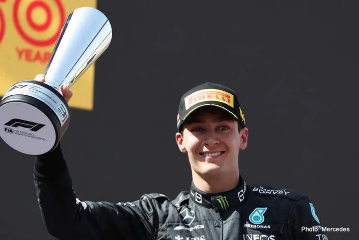 george russell spain podium wolff mercedes