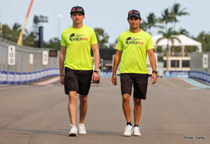 MIAMI, FLORIDA - MAY 05: Max Verstappen and sergio perez surprise fittipaldi