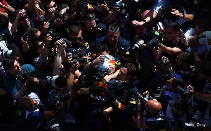 BARCELONA, SPAIN - MAY 22: Race winner Max Verstappen of the Netherlands and Oracle Red Bull Racing celebrates in parc ferme during the F1 Grand Prix of Spain at Circuit de Barcelona-Catalunya on May 22, 2022 in Barcelona, Spain. (Photo by Lars Baron/Getty Images)