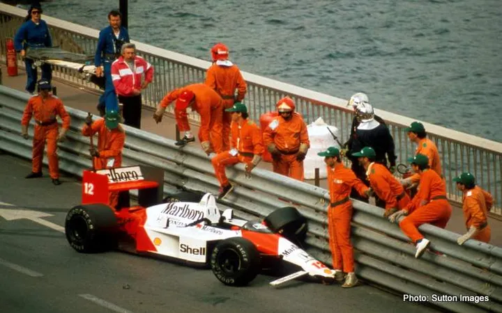 Ayrton Senna (BRA) McLaren MP4/4 made a rare error to crash out of the race whilst holding a commanding lead. Monaco Grand Prix, Monte Carlo, 15 May 1988.
