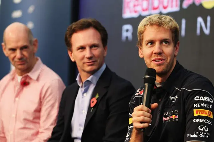 MILTON KEYNES, ENGLAND - NOVEMBER 06:  (L-R) Infiniti Red Bull Racing Chief Technical Officer Adrian Newey, Infiniti Red Bull Racing Team Principal Christian Horner and Sebastian Vettel of Germany and Infiniti Red Bull Racing attend the Infiniti Red Bull Racing World Championship Press Conference on November 6, 2013 in Milton Keynes, England.  (Photo by Mark Thompson/Getty Images) *** Local Caption *** Adrian Newey; Christian Horner; Sebastian Vettel
