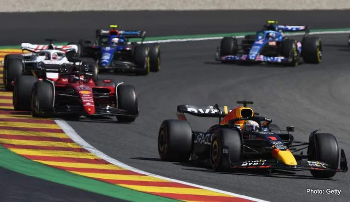 SPA, BELGIUM - AUGUST 28: Max Verstappen of the Netherlands driving the (1) Oracle Red Bull Racing RB18 leads Charles Leclerc of Monaco driving the (16) Ferrari F1-75 during the F1 Grand Prix of Belgium at Circuit de Spa-Francorchamps on August 28, 2022 in Spa, Belgium. (Photo by Rudy Carezzevoli/Getty Images)