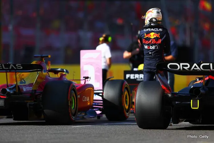 MONZA, ITALY - SEPTEMBER 10: Second placed qualifier Max Verstappen of the Netherlands and Oracle Red Bull Racing looks on in parc ferme during qualifying ahead of the F1 Grand Prix of Italy at Autodromo Nazionale Monza on September 10, 2022 in Monza, Italy. (Photo by Mark Thompson/Getty Images)