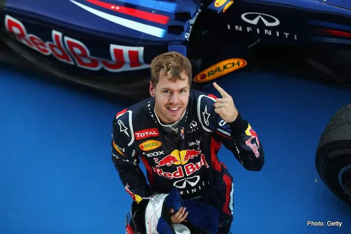 SUZUKA, JAPAN - OCTOBER 07: Sebastian Vettel of Germany and Red Bull Racing celebrates in parc ferme after winning the Japanese Formula One Grand Prix at the Suzuka Circuit on October 7, 2012 in Suzuka, Japan. (Photo by Mark Thompson/Getty Images) *** Local Caption *** Sebastian Vettel