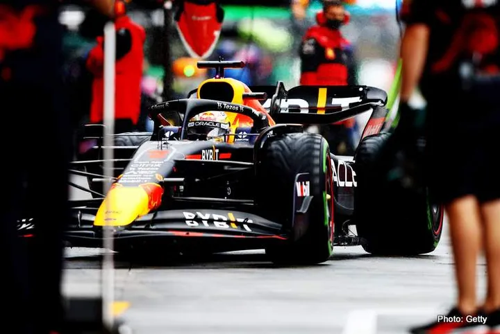 SUZUKA, JAPAN - OCTOBER 07: Max Verstappen of the Netherlands driving the (1) Oracle Red Bull Racing RB18 in the Pitlane during practice ahead of the F1 Grand Prix of Japan at Suzuka International Racing Course on October 07, 2022 in Suzuka, Japan. (Photo by Mark Thompson/Getty Images)