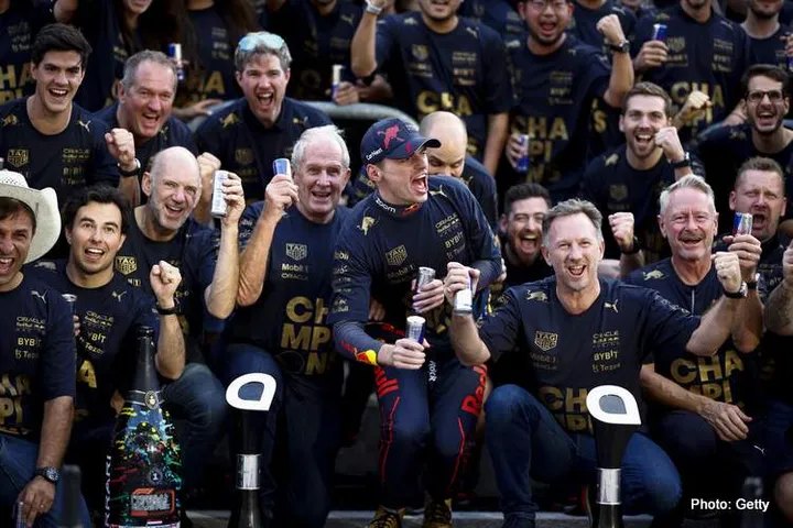 AUSTIN, TEXAS - OCTOBER 23: Race winner Max Verstappen of the Netherlands and Oracle Red Bull Racing celebrates winning the F1 World Constructors Championship with his team after the F1 Grand Prix of USA at Circuit of The Americas on October 23, 2022 in Austin, Texas. (Photo by Chris Graythen/Getty Images)