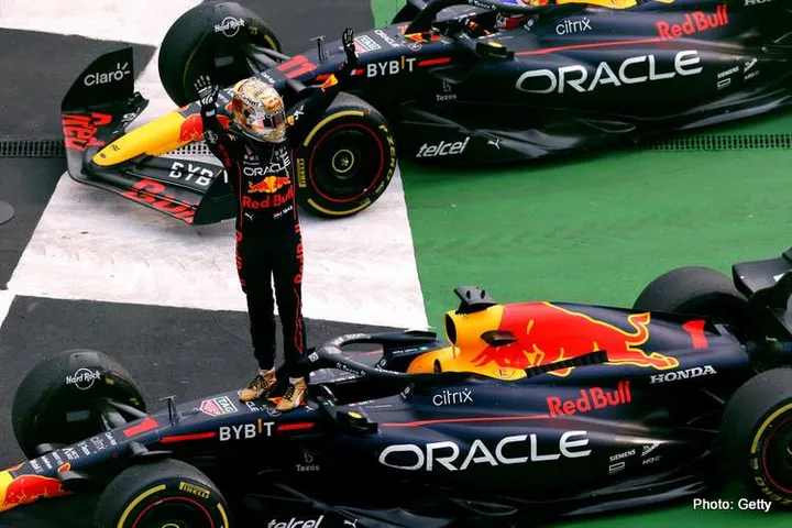 MEXICO CITY, MEXICO - OCTOBER 30: Race winner Max Verstappen of the Netherlands and Oracle Red Bull Racing celebrates in parc ferme during the F1 Grand Prix of Mexico at Autodromo Hermanos Rodriguez on October 30, 2022 in Mexico City, Mexico. (Photo by Peter Fox/Getty Images )