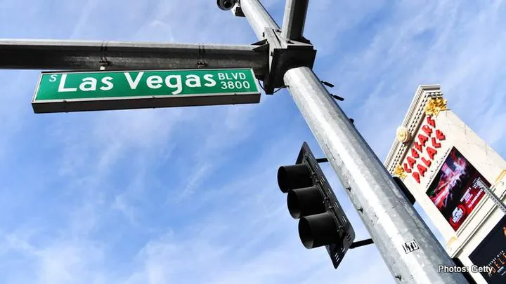 LAS VEGAS, NEVADA - NOVEMBER 05: A Las Vegas street sign is seen ahead of the Formula 1 Las Vegas Grand Prix 2023 launch party on November 05, 2022 on the Las Vegas Strip in Las Vegas, Nevada. (Photo by Denise Truscello - Formula 1/Formula 1 via Getty Images)