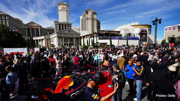 LAS VEGAS, NEVADA - NOVEMBER 05: Fans view a Red Bull car at the fan fest during the Formula 1 Las Vegas Grand Prix 2023 launch party on November 05, 2022 on the Las Vegas Strip in Las Vegas, Nevada. (Photo by Alex Bierens de Haan - Formula 1/Formula 1 via Getty Images)