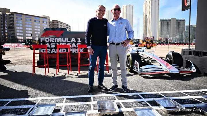 LAS VEGAS, NEVADA - NOVEMBER 05: Stefano Domenicali, President and CEO of Formula 1 and Greg Maffei, Liberty Media President and CEO pose for a photograph at the start line during the Formula 1 Las Vegas Grand Prix 2023 launch party on November 05, 2022 on the Las Vegas Strip in Las Vegas, Nevada. (Photo by Clive Mason - Formula 1/Formula 1 via Getty Images)