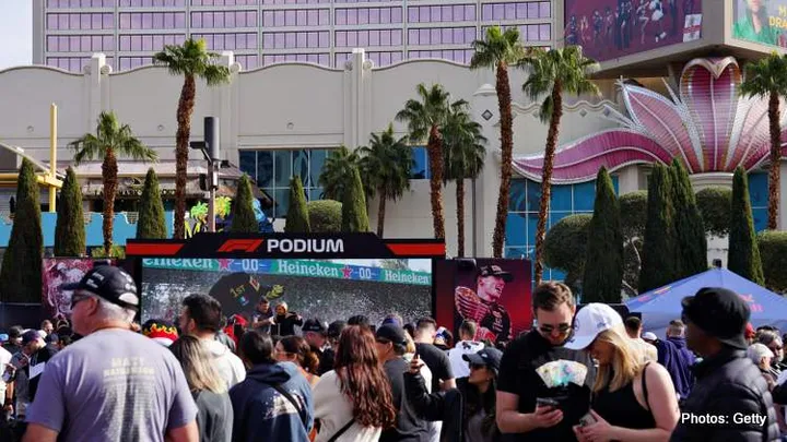 LAS VEGAS, NEVADA - NOVEMBER 05: Fans view a Red Bull car at the fan fest during the Formula 1 Las Vegas Grand Prix 2023 launch party on November 05, 2022 on the Las Vegas Strip in Las Vegas, Nevada. (Photo by Alex Bierens de Haan - Formula 1/Formula 1 via Getty Images)