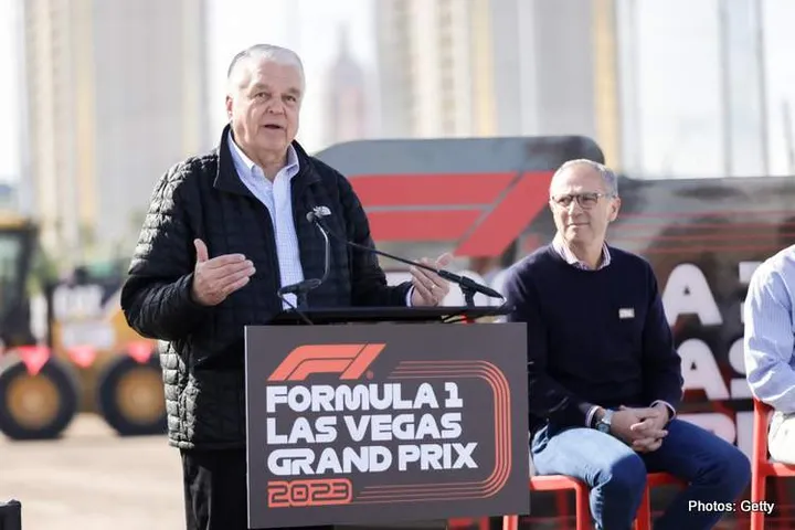 LAS VEGAS, NEVADA - NOVEMBER 05: Steven Sisolak, Governor of Nevada speaks to an audience at the start line ceremony during the Formula 1 Las Vegas Grand Prix 2023 launch party on November 05, 2022 on the Las Vegas Strip in Las Vegas, Nevada. (Photo by Greg Doherty - Formula 1/Formula 1 via Getty Images)