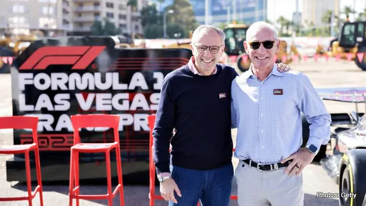 LAS VEGAS, NEVADA - NOVEMBER 05: Stefano Domenicali, President and CEO of Formula 1 and Greg Maffei, Liberty Media President and CEO pose for a photograph at the start line during the Formula 1 Las Vegas Grand Prix 2023 launch party on November 05, 2022 on the Las Vegas Strip in Las Vegas, Nevada. (Photo by Greg Doherty - Formula 1/Formula 1 via Getty Images)