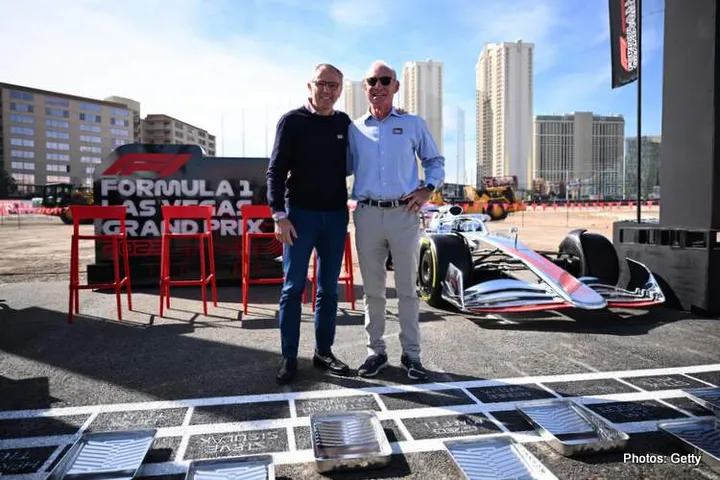 LAS VEGAS, NEVADA - NOVEMBER 05: Stefano Domenicali, President and CEO of Formula 1 and Greg Maffei, Liberty Media President and CEO pose for a photograph at the start line during the Formula 1 Las Vegas Grand Prix 2023 launch party on November 05, 2022 on the Las Vegas Strip in Las Vegas, Nevada. (Photo by Clive Mason - Formula 1/Formula 1 via Getty Images)