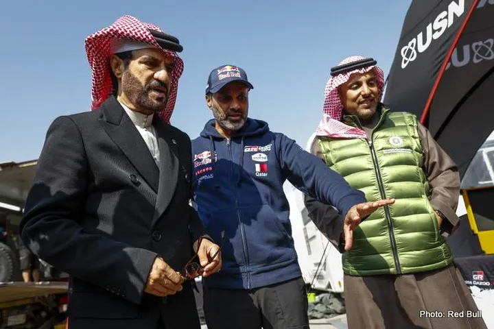 Nasser Al-Attiyah of the Toyota Gazoo Racing with FIA President Mohammed Ben Sulayem during the Rest Day of the Dakar 2023 in Riyadh, on January 9th, 2023 in Riyadh, Saudi Arabia // DPPI / Red Bull Content Pool // SI202301090414 // Usage for editorial use only //