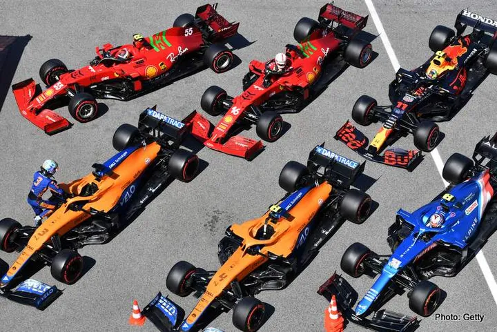 The cars of Daniel Ricciardo, McLaren MCL35M, and Lando Norris, McLaren MCL35M, in parc ferme why no andretti