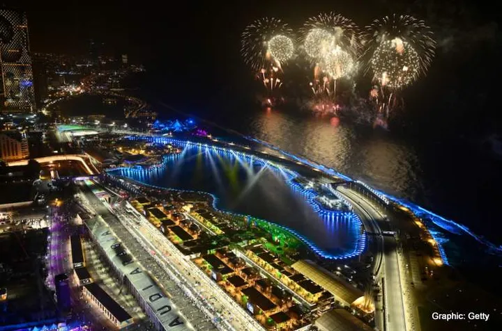 JEDDAH, SAUDI ARABIA - MARCH 27: Fireworks are pictured over the circuit during the F1 Grand Prix of Saudi Arabia at the Jeddah Corniche Circuit on March 27, 2022 in Jeddah, Saudi Arabia. Red Bull Racing (Photo by Clive Mason/Getty Images)