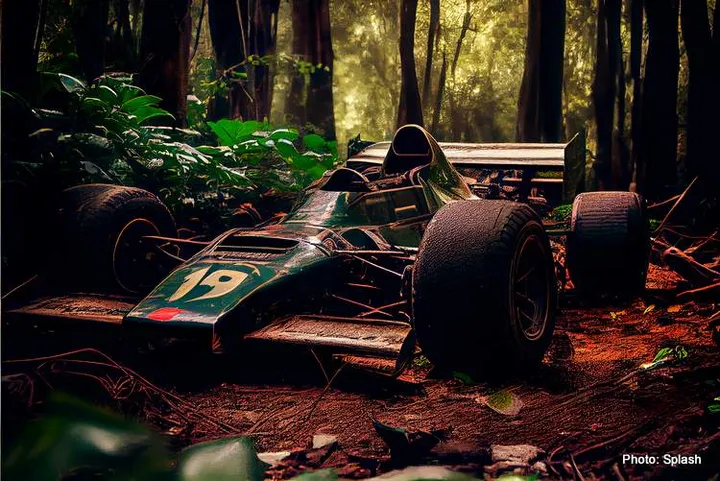 abandoned formula 1 car in overgrown forest, Generative AI