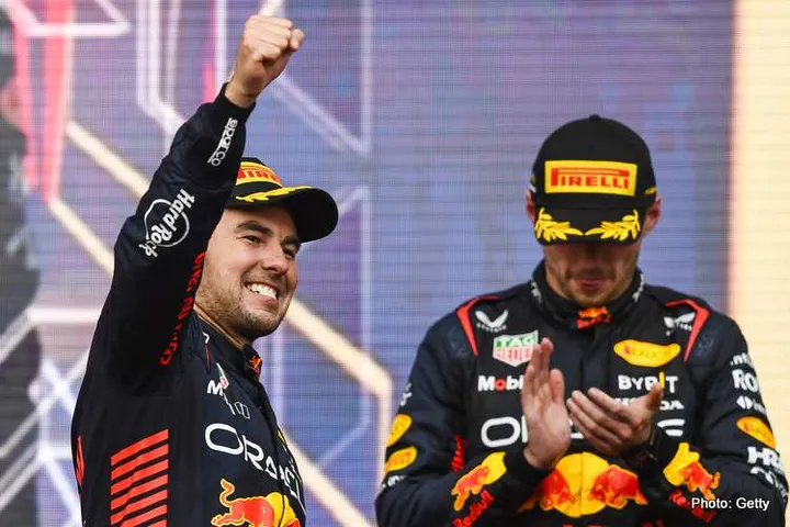 BAKU, AZERBAIJAN - APRIL 30: Race winner Sergio Perez of Mexico and Oracle Red Bull Racing celebrates on the podium during the F1 Grand Prix of Azerbaijan at Baku City Circuit on April 30, 2023 in Baku, Azerbaijan. (Photo by Rudy Carezzevoli/Getty Images)