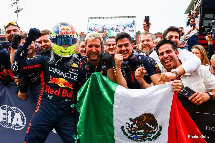 BAKU, AZERBAIJAN - APRIL 30: Race winner Sergio Perez of Mexico and Oracle Red Bull Racing celebrates with teammates in parc ferme during the F1 Grand Prix of Azerbaijan at Baku City Circuit on April 30, 2023 in Baku, Azerbaijan. (Photo by Mark Thompson/Getty Images)