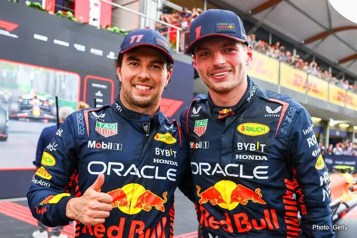 BAKU, AZERBAIJAN - APRIL 30: Race winner Sergio Perez of Mexico and Oracle Red Bull Racing and Second placed Max Verstappen of the Netherlands and Oracle Red Bull Racing celebrate in parc ferme during the F1 Grand Prix of Azerbaijan at Baku City Circuit on April 30, 2023 in Baku, Azerbaijan. (Photo by Mark Thompson/Getty Images)