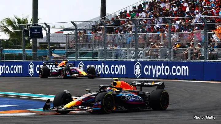 MIAMI, FLORIDA - MAY 07: Sergio Perez of Mexico driving the (11) Oracle Red Bull Racing RB19 leads Max Verstappen of the Netherlands driving the (1) Oracle Red Bull Racing RB19 during the F1 Grand Prix of Miami at Miami International Autodrome on May 07, 2023 in Miami, Florida. (Photo by Mark Thompson/Getty Images)