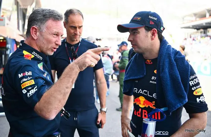 MONTE-CARLO, MONACO - MAY 26: Red Bull Racing Team Principal Christian Horner speaks with Sergio Perez of Mexico and Oracle Red Bull Racing in the Pitlane during practice ahead of the F1 Grand Prix of Monaco at Circuit de Monaco on May 26, 2023 in Monte-Carlo, Monaco. (Photo by Dan Mullan/Getty Images)