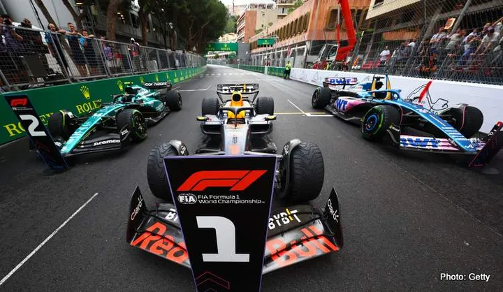MONTE-CARLO, MONACO - MAY 28: The cars of race winner, Max Verstappen of the Netherlands and Oracle Red Bull Racing, second placed Fernando Alonso of Spain and Aston Martin F1 Team and third placed Esteban Ocon of France and Alpine F1 are seen in parc ferme during the F1 Grand Prix of Monaco at Circuit de Monaco on May 28, 2023 in Monte-Carlo, Formula 1. (Photo by Mark Thompson/Getty Images)