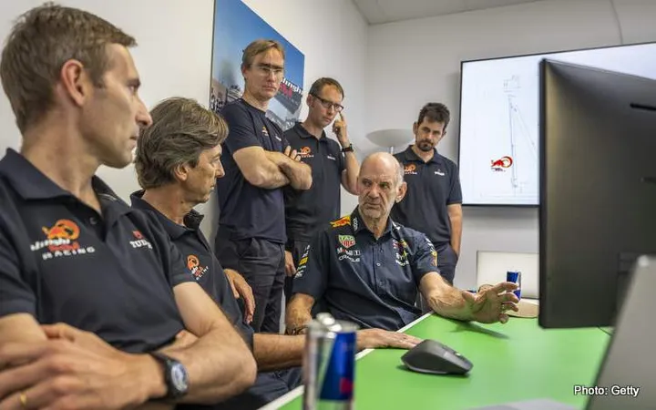 Adrian Newey of Great Britain, Marcelino Botin of Spain and members of the design team seen at Alinghi Red Bull Racing, a Challenger for the 37th America’s Cup, in Barcelona, Spain on June 1, 2023. // Joerg Mitter / Alinghi Red Bull Racing // SI202306010589 // Usage for editorial use only //