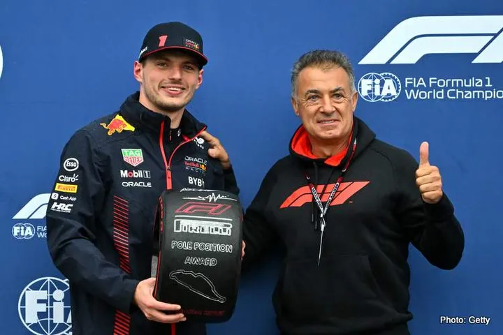 MONTREAL, QUEBEC - JUNE 17: Pole position qualifier Max Verstappen of the Netherlands and Oracle Red Bull Racing is presented with the Pirelli Pole Position award by Jean Alesi in parc ferme during qualifying ahead of the F1 Grand Prix of Canada at Circuit Gilles Villeneuve on June 17, Formula 1's nearly men and an odd one out! in Montreal, Quebec. (Photo by Dan Mullan/Getty Images)