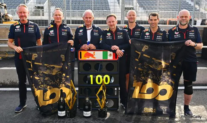 MONTREAL, QUEBEC - JUNE 18: The seven team members of the Red Bull Racing team that have been present for all 100 race wins, (L-R) Red Bull Racing Team Manager Jonathan Wheatley, Red Bull Racing Head of Car Engineering Paul Monaghan, Red Bull Racing Team Consultant Dr Helmut Marko, Red Bull Racing Team Principal Christian Horner, Ole Schack, mechanic at Red Bull Racing, Chris Gent, mechanic at Red Bull Racing and Richard Tomlinson of Red Bull Racing, pose for a photo after the F1 Grand Prix of Canada at Circuit Gilles Villeneuve on June 18, 2023 in Montreal, Quebec. (Photo by Dan Mullan/Getty Images)