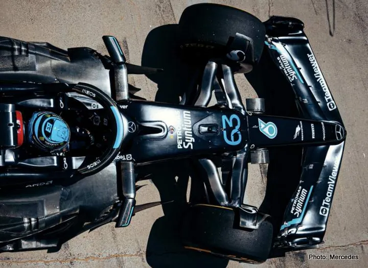 russell f1 mercedes overhead shot